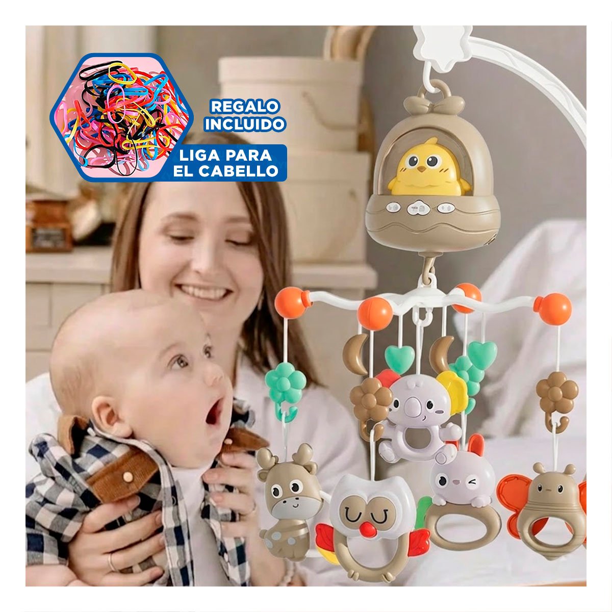 CARRUSEL PARA CUNA POLLO MARRON CON MELODIA MUSICAL INFANTIL Y LIGAS REGALO - 2