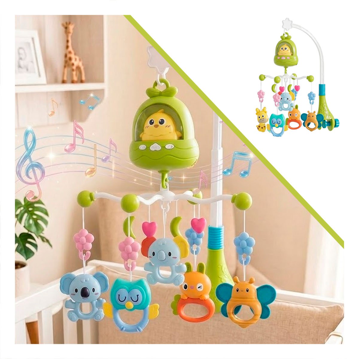 MOVIL PARA BEBE MUSICAL CON POLLO VERDE PARA CUNA INFANTIL Y STICKY - 5