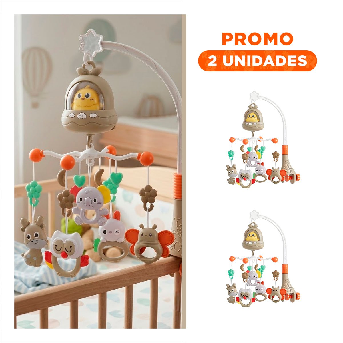PACK2 CARRUSEL MUSICAL INFANTIL POLLO MARRON PARA CUNA Y DESCANSO YREGALO STICKER - 1