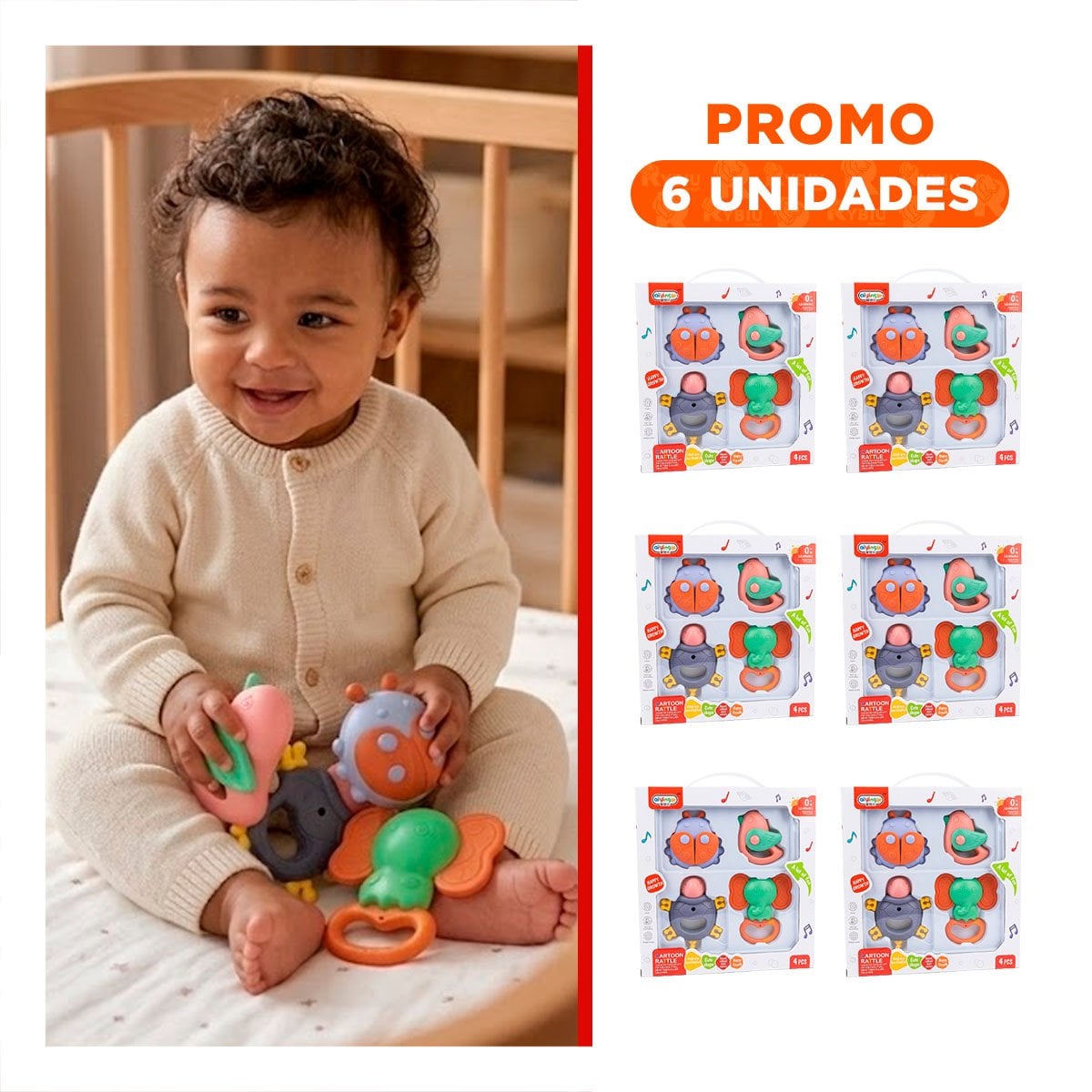 PACK6 JUGUETES DE SONIDO MULTICOLOR 4 PIEZAS PARA BEBE CON ENTRETENIMIENTO YREGALO STICKER - 1