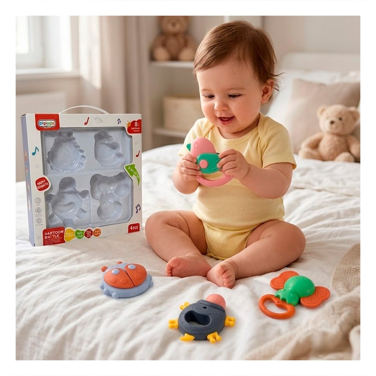 PACK6 JUGUETES DE SONIDO MULTICOLOR 4 PIEZAS PARA BEBE CON ENTRETENIMIENTO YREGALO STICKER - 3