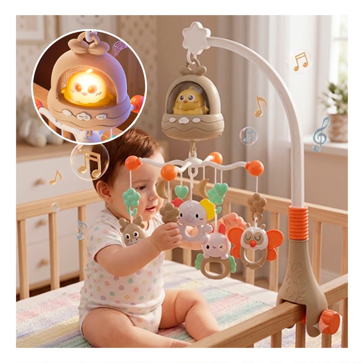 COLGANTE PARA CUNA POLLO MARRON CON MELODIA INFANTIL PARA BEBE Y PAPEL REGALO - 2