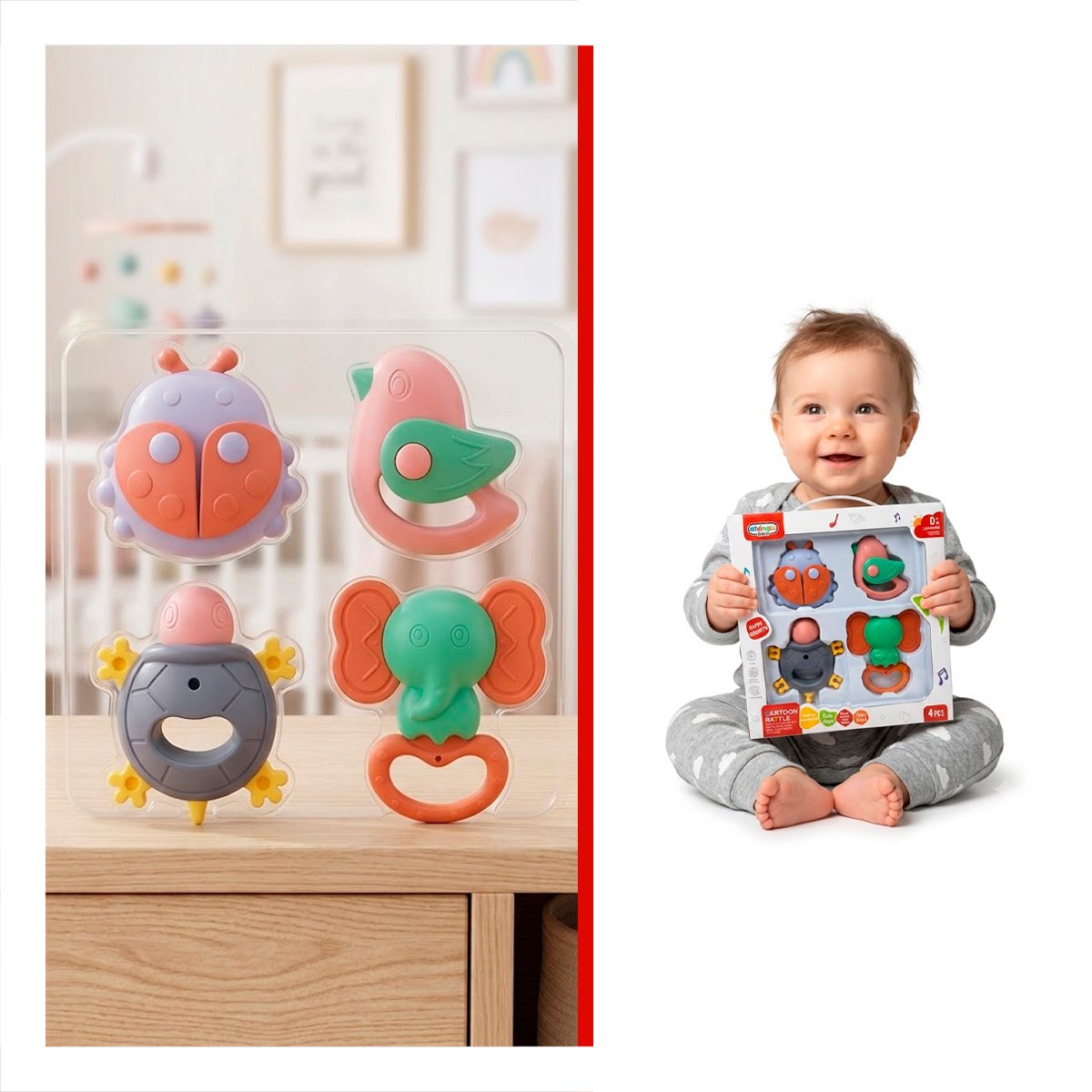 CASCABELES MULTICOLOR PARA BEBE 4 PIEZAS CON SONIDO SUAVE Y ENTRETENIMIENTO Y PAPEL REGALO - 5