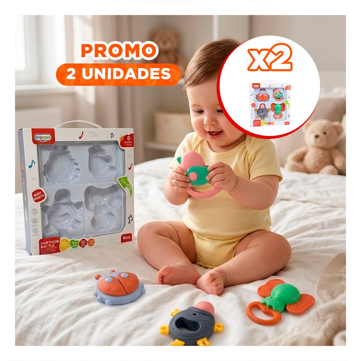 PACK2 CASCABELES PARA BEBE MULTICOLOR 4 PIEZAS CON SONIDO Y ENTRETENIMIENTO - 1