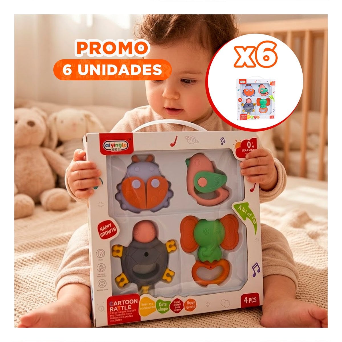 PACK6 SONAJAS CON SONIDO Y JUEGO INFANTIL MULTICOLOR 4 PIEZAS PARA BEBE - 1