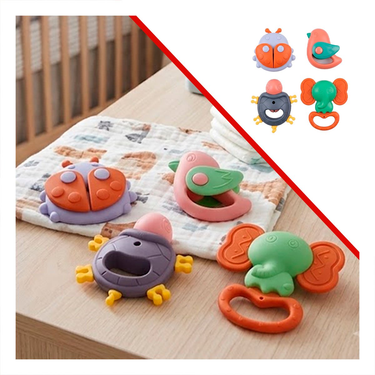 SONAJAS INFANTILES CON SONIDO MULTICOLOR PARA BEBE 4 PIEZAS Y JUEGO Y STICKY - 5