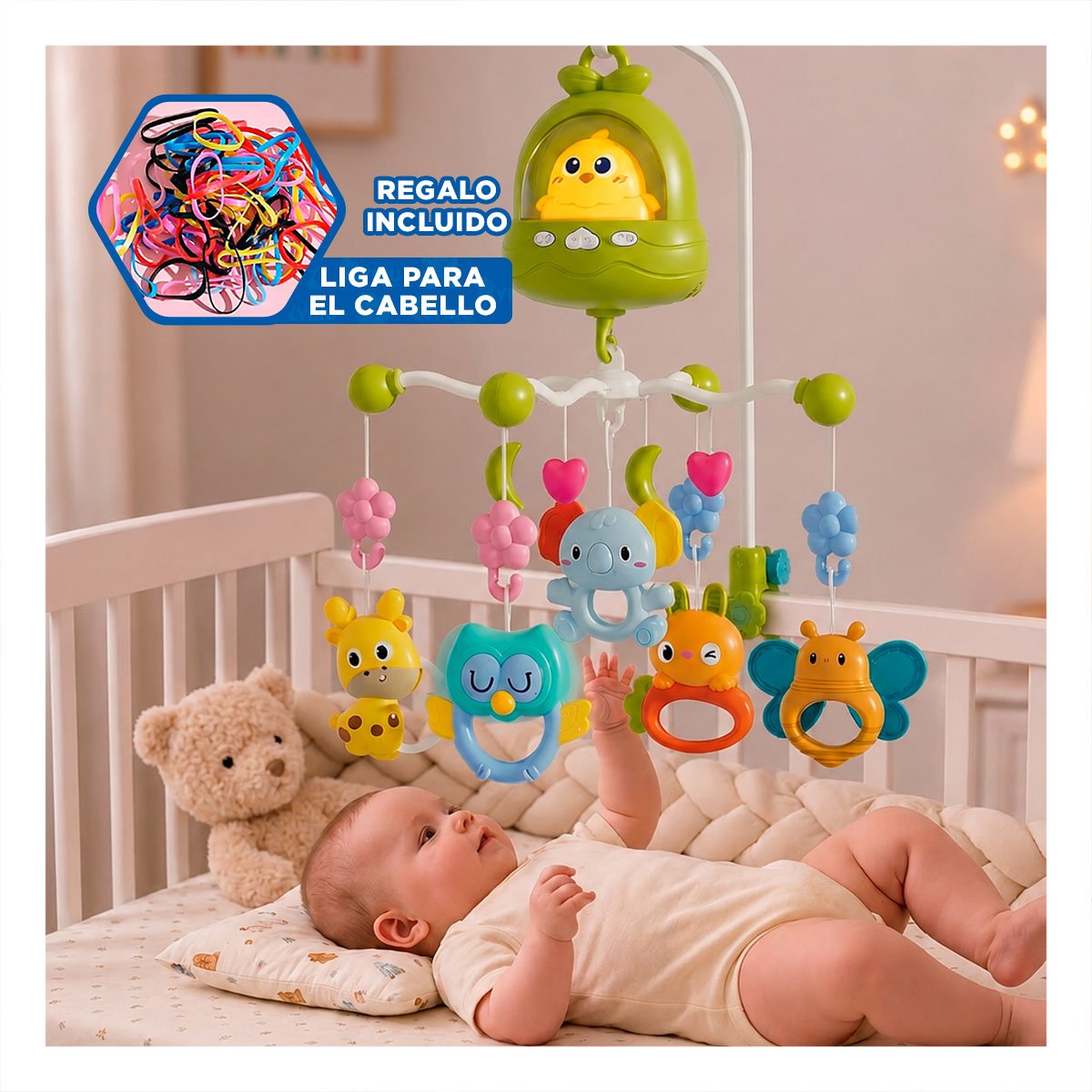 CARRUSEL PARA CUNA POLLO VERDE CON MELODIA MUSICAL INFANTIL Y LIGAS REGALO - 2