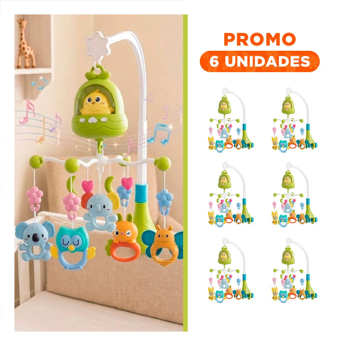 PACK6 JUGUETE MUSICAL PARA DORMITORIO INFANTIL POLLO VERDE Y CUNA YREGALO STICKER - 1
