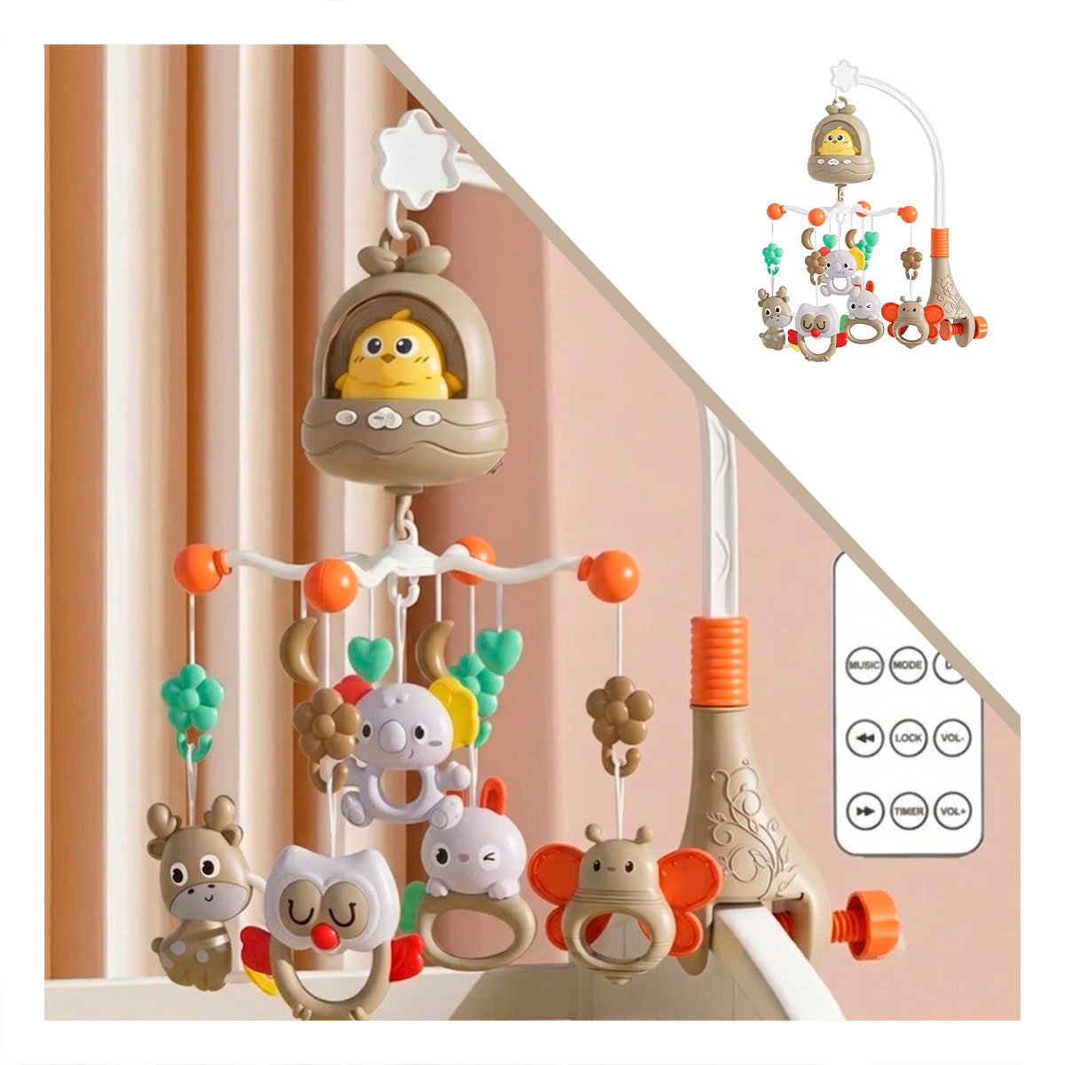 MOVIL PARA BEBE MUSICAL CON POLLO MARRON PARA CUNA INFANTIL Y STICKY - 5