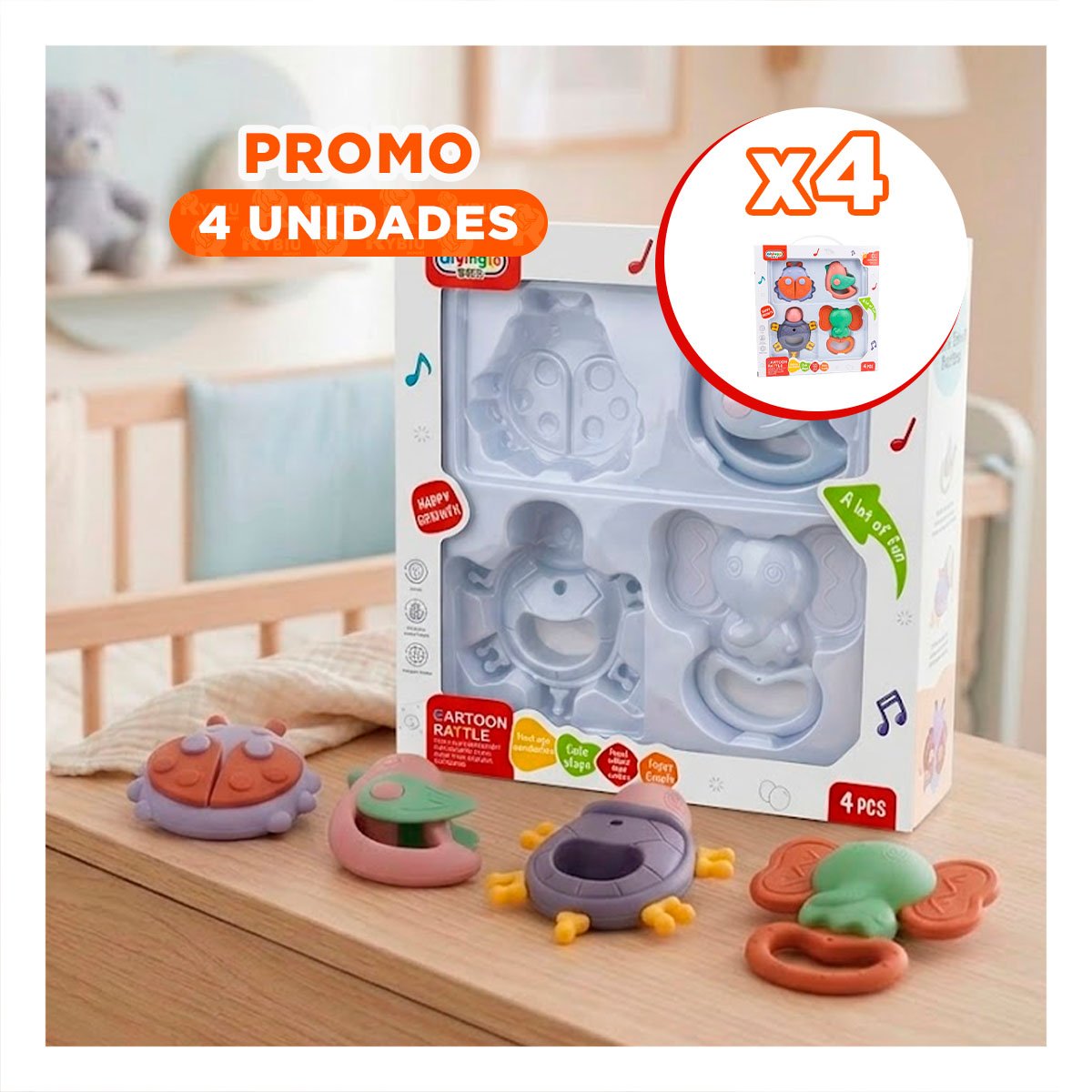 PACK4 JUGUETES INFANTILES MULTICOLOR 4 PIEZAS PARA BEBE CON SONIDO YREGALO STICKER - 1