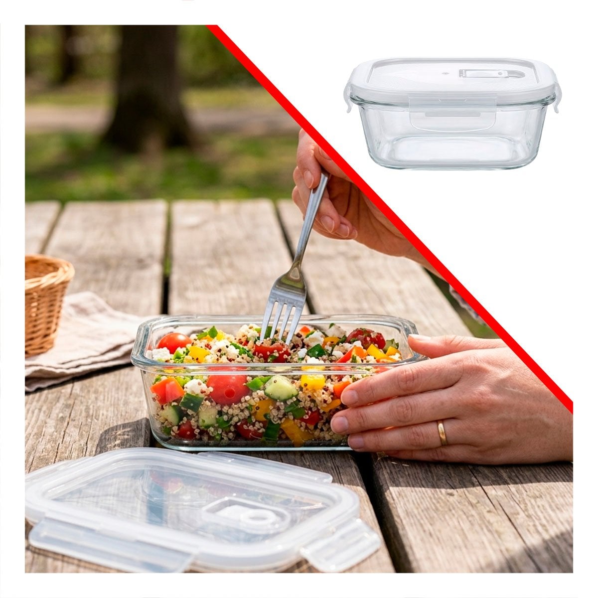 CONTENEDOR DE VIDRIO 800 ML CUADRADO TRANSPARENTE LINEA BLANCA CON TAPA Y LIGAS REGALO - 5