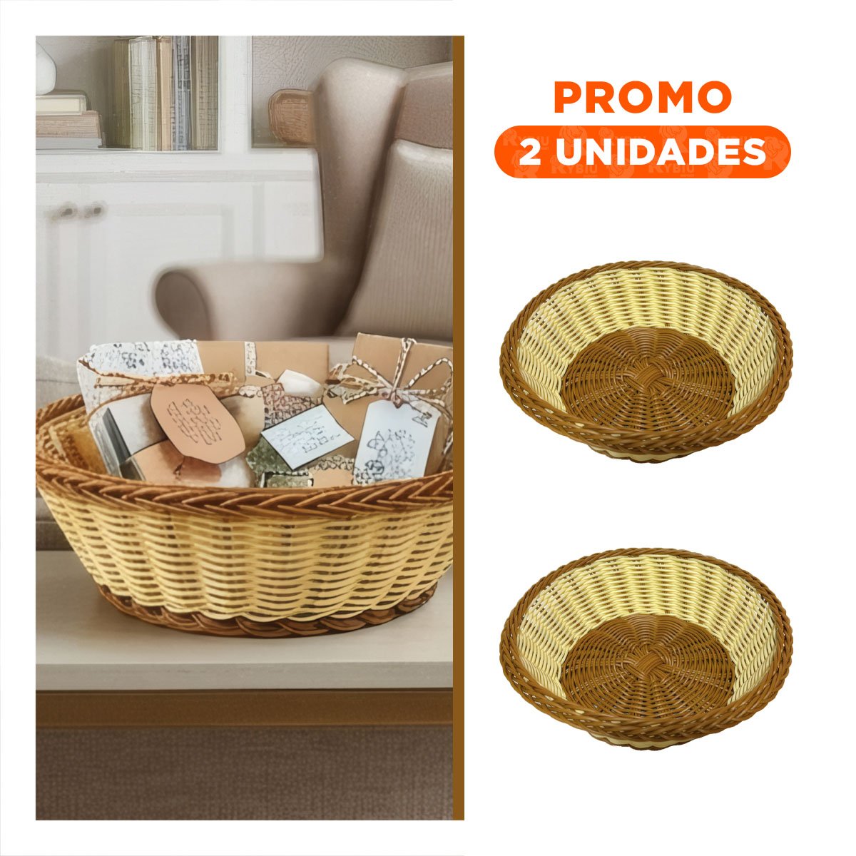PACK2 CONTENEDOR DECORATIVO CIRCULAR TEJIDO COLOR MOSTAZA Y MARRON 25X8CM YREGALO STICKER - 1