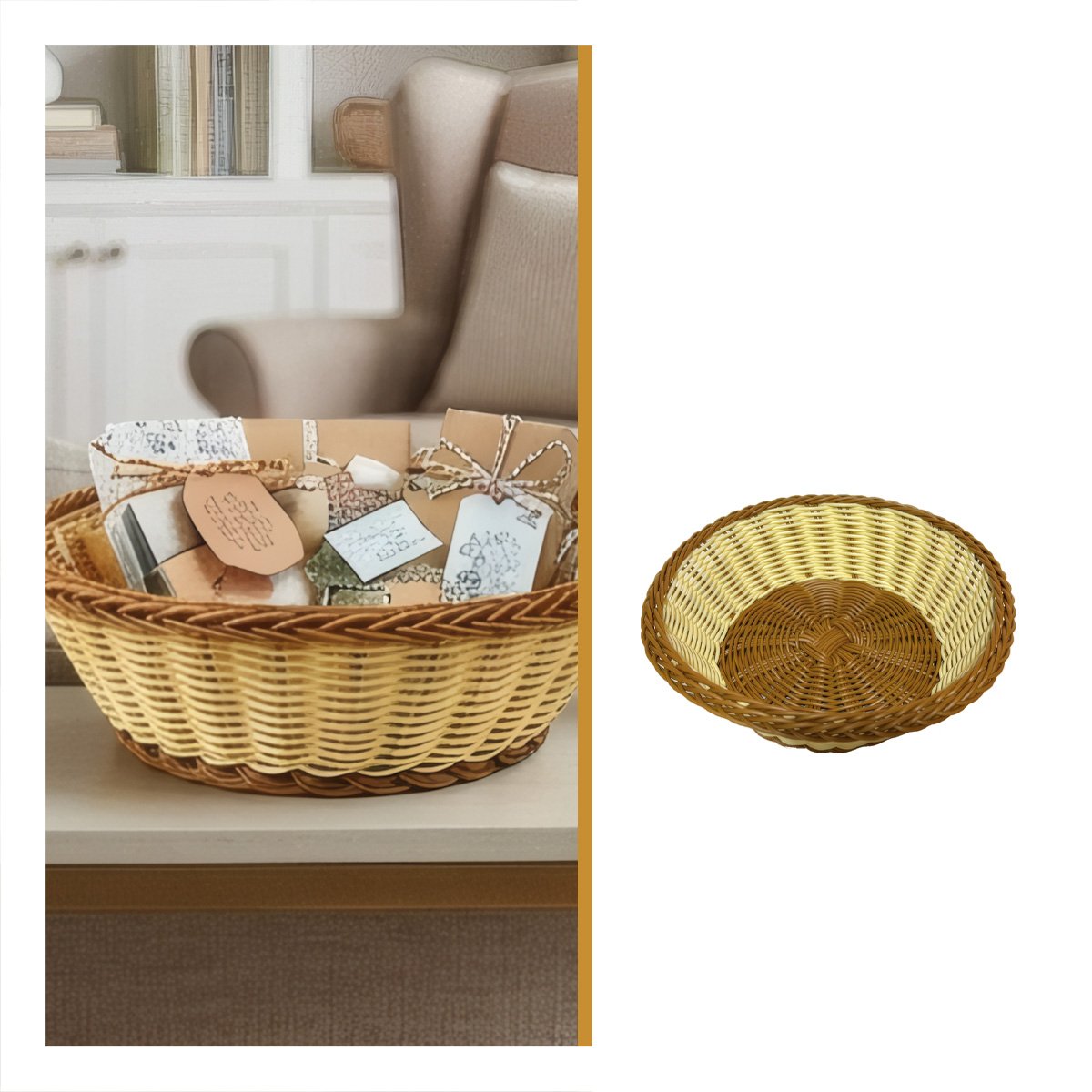 CANASTA DECORATIVA CIRCULAR COLOR MOSTAZA Y MARRON CON TEJIDOS ABIERTOS 25X8CM YSTICKY - 5