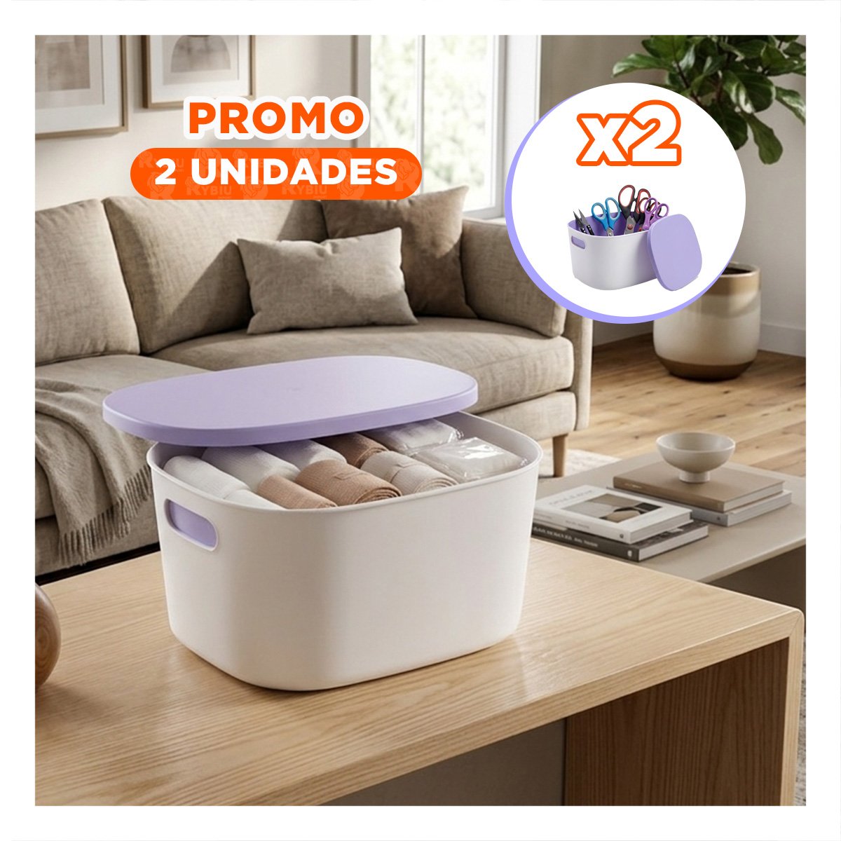 PACK2 BAUL PARA ORGANIZACION 26,5X22X15,4 CM CON TAPA COLOR LILA Y BLANCO - 1