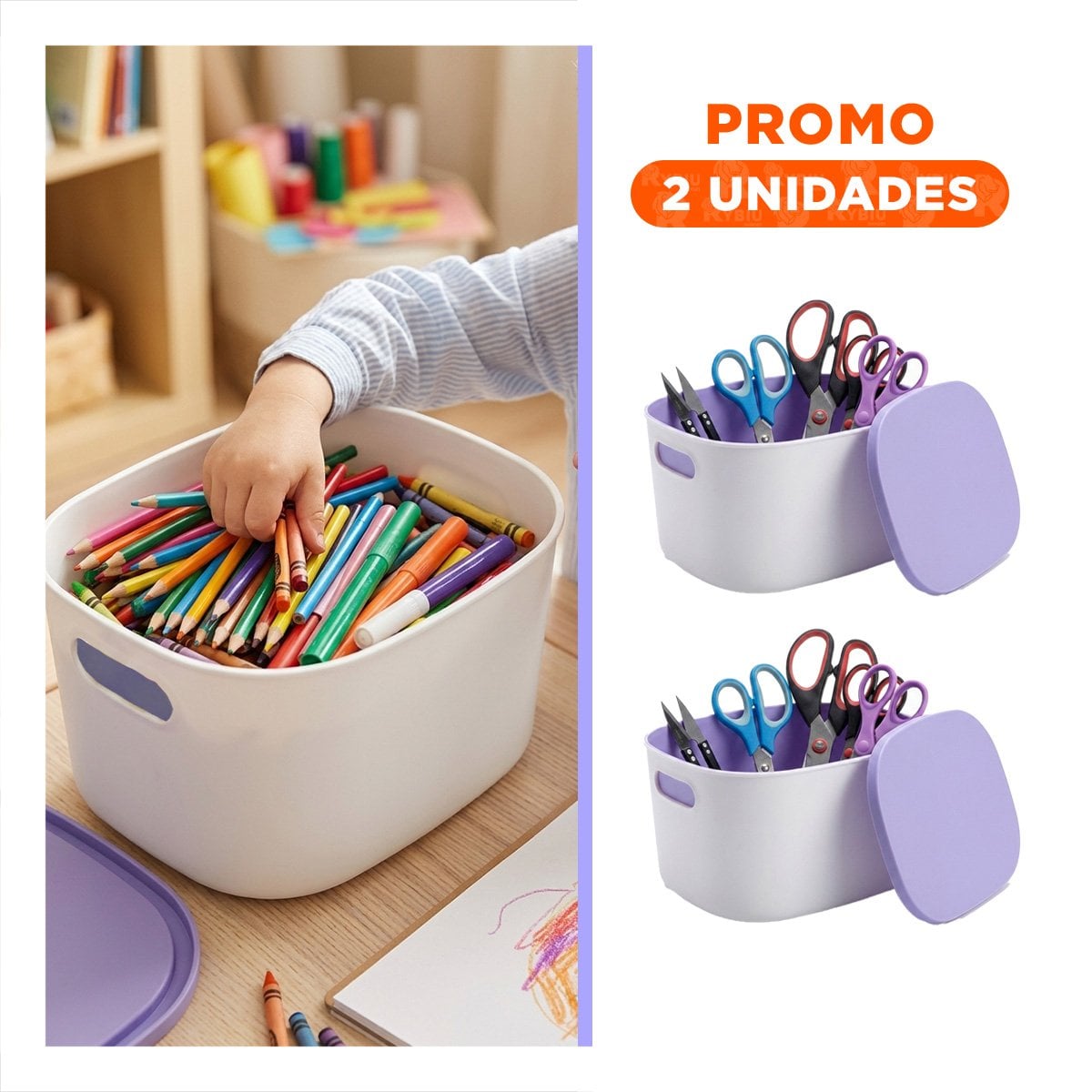 PACK2 RECIPIENTE COLOR LILA Y BLANCO CON TAPA PLASTICO 26,5X22X15,4 CM YREGALO STICKER - 1