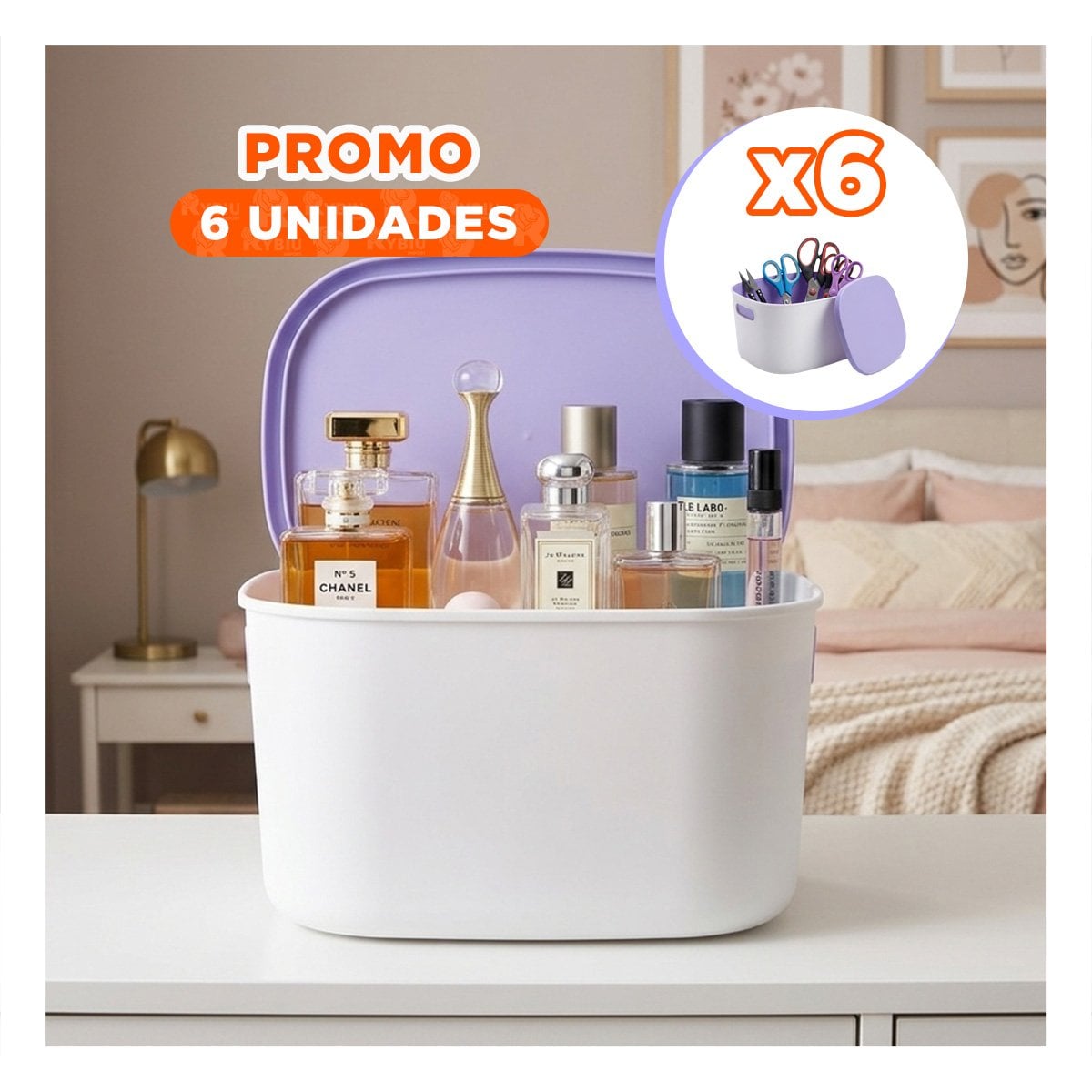 PACK6 CAJA MULTIUSO CON TAPA 26,5X22X15,4 CM PLASTICO LILA Y BLANCO - 1