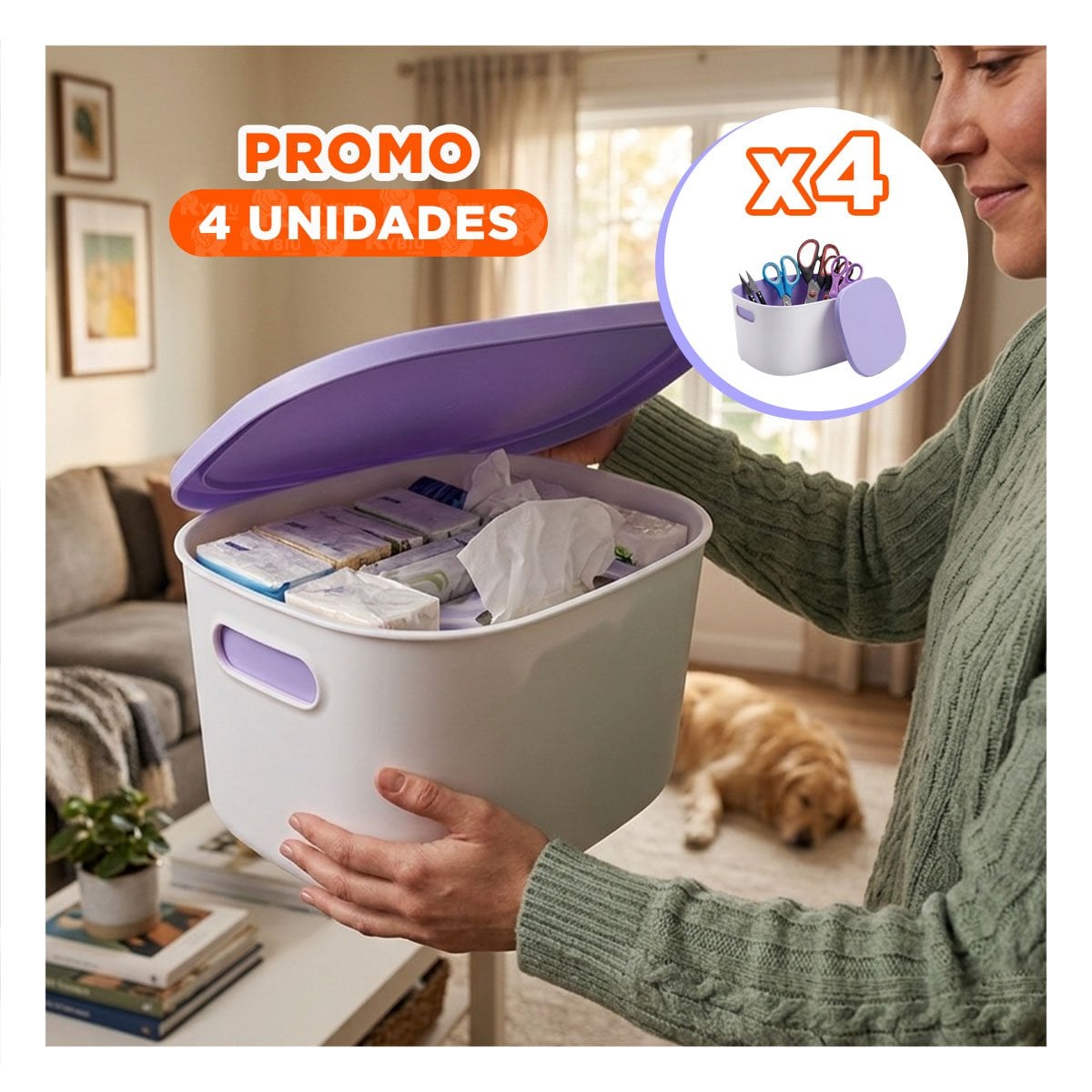 PACK4 CANASTA DE ALMACENAMIENTO 26,5X22X15,4 CM COLOR LILA Y BLANCO CON TAPA YREGALO STICKER - 1