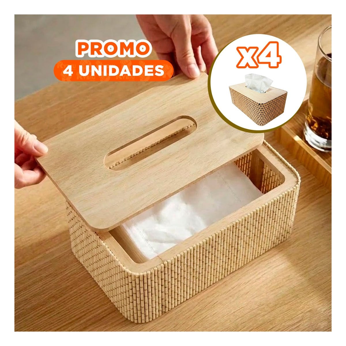 PACK4 SOPORTE DECORATIVO BAMBU CUADRITOS PARA COMEDOR MOSTAZA CLARO 21X13X8 CM YREGALO STICKER - 1