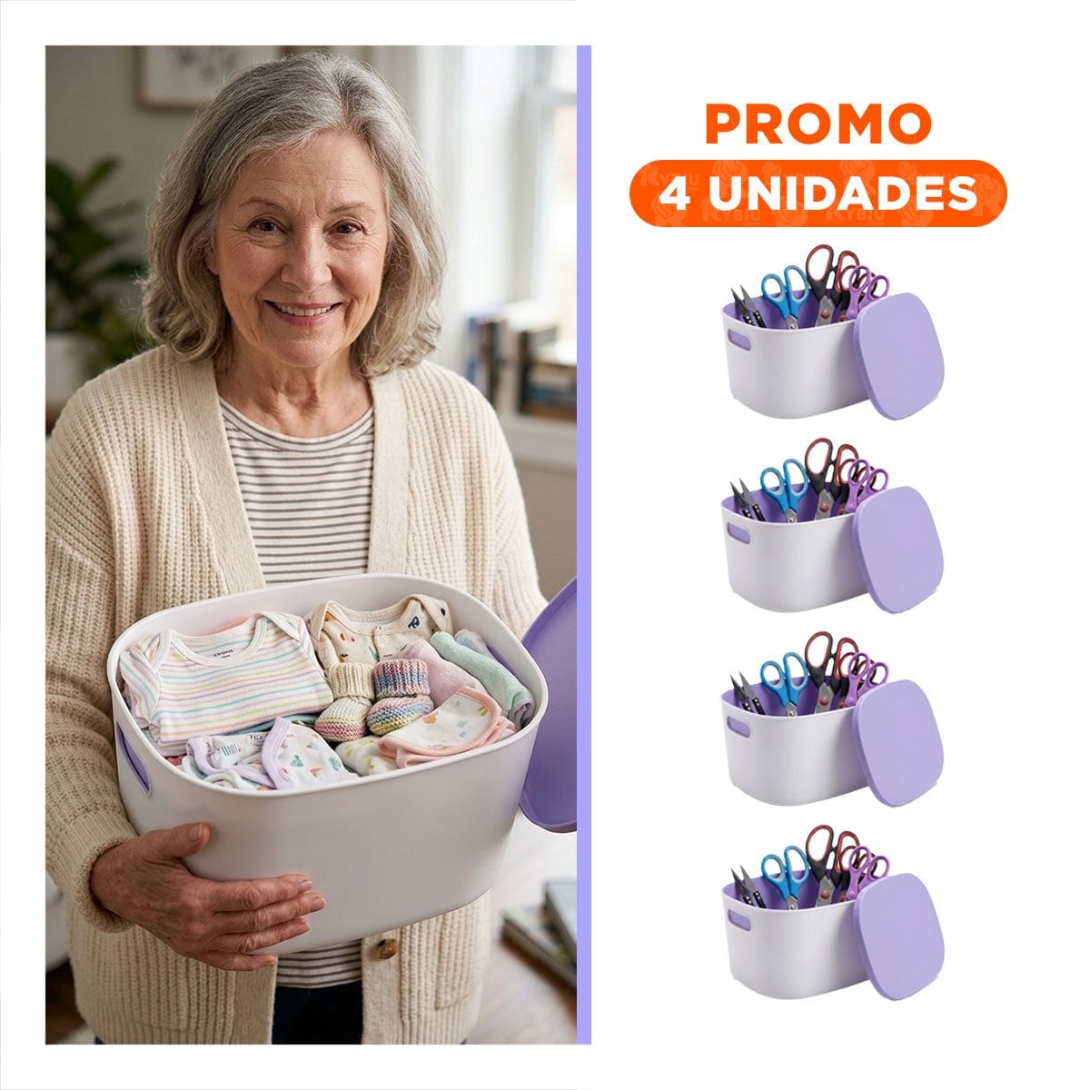 PACK4 CAJA DE ALMACENAMIENTO COLOR LILA Y BLANCO CON TAPA PARA ORGANIZACION 26,5X22X15,4 CM - 1