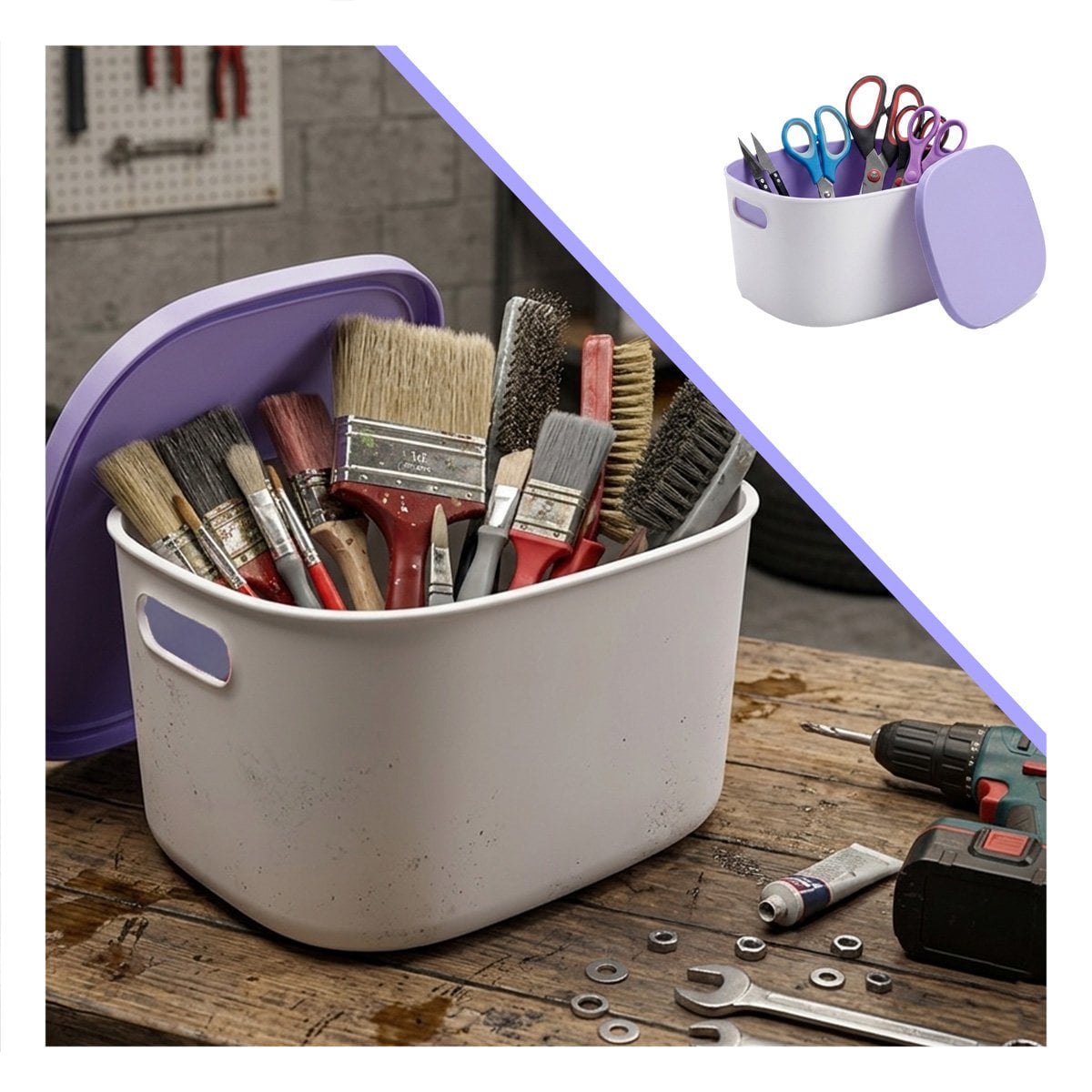CAJA PLASTICO COLOR LILA Y BLANCO PARA EL HOGAR CON TAPA 26,5X22X15,4 CM YSTICKY - 5