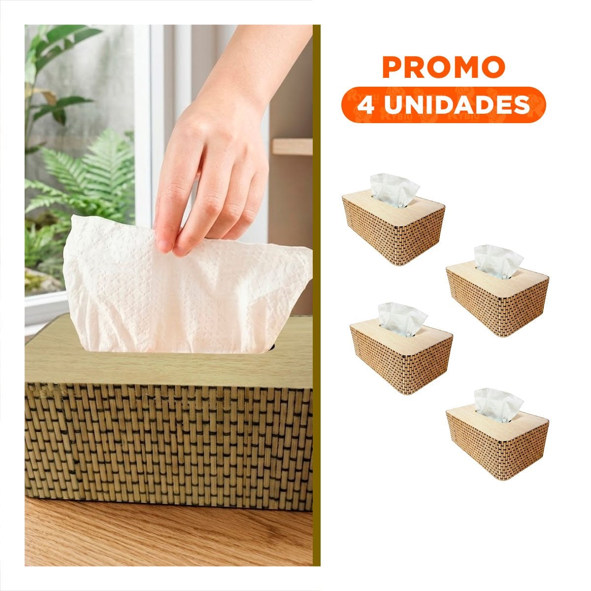PACK4 SERVILLETERO RESISTENTE BAMBU MOSTAZA CLARO CON CUADRITOS 21X13X8 CM - 1
