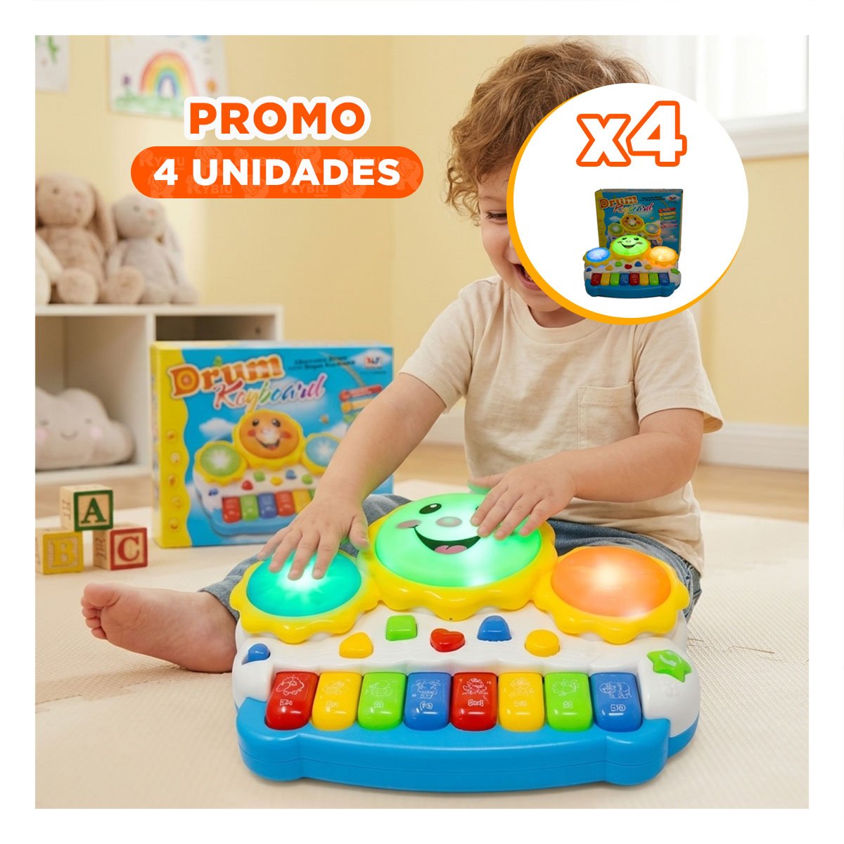 PACK4 INSTRUMENTO CON FUNCIONES MUSICALES SOL DRUM KEYBOARD AZUL Y NARANJA YREGALO STICKER - 1