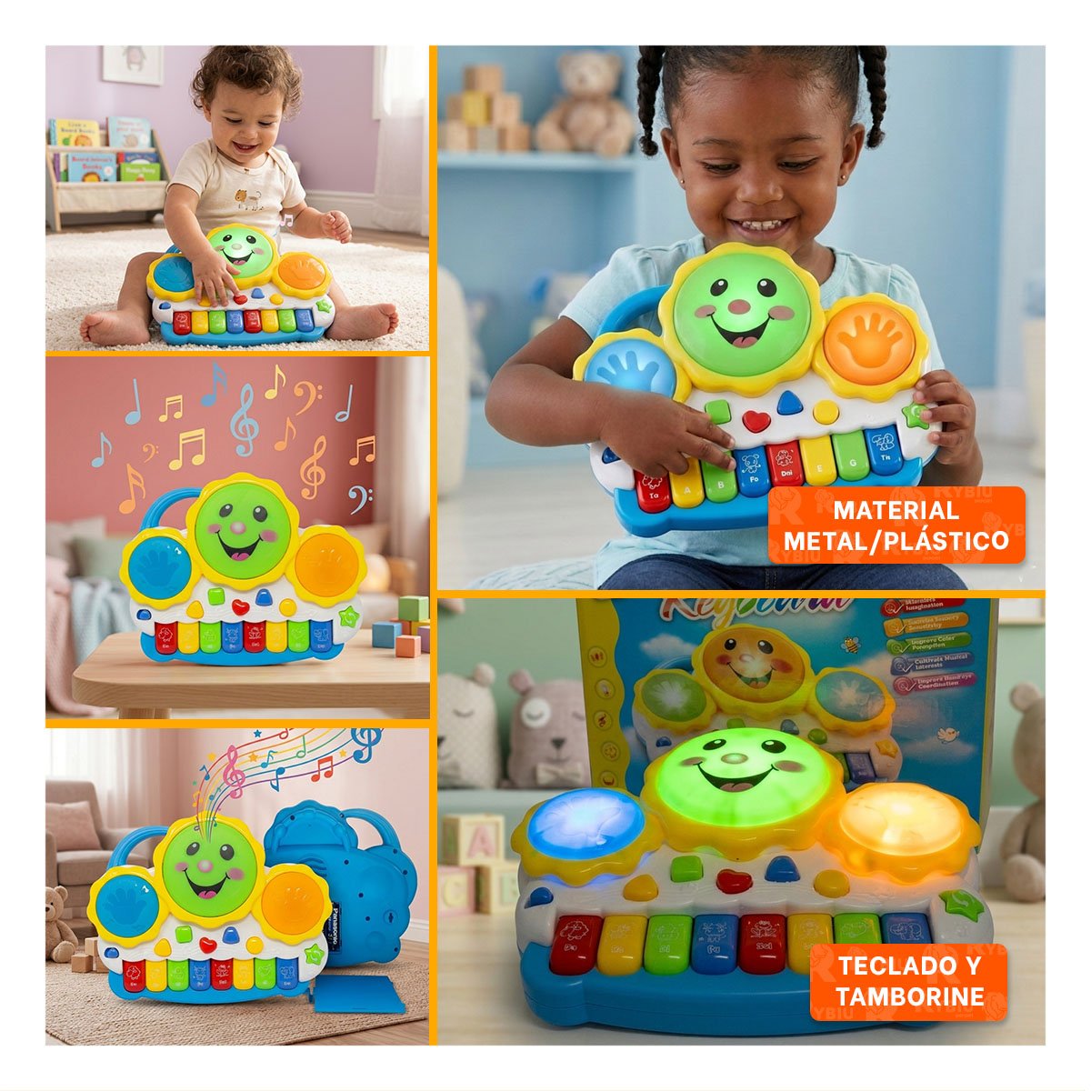 TECLADO INFANTIL SOL DRUM KEYBOARD AZUL Y NARANJA CON FUNCIONES MUSICALES Y PAPEL REGALO - 3