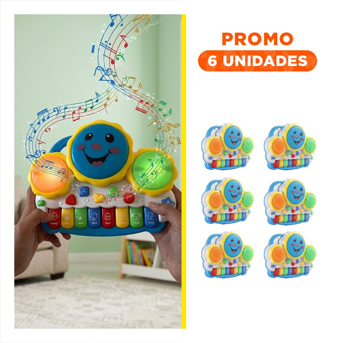 PACK6 INSTRUMENTO INFANTIL PARA JUEGOS MUSICALES SOL DRUM VERDE Y NARANJA YREGALO STICKER - 1