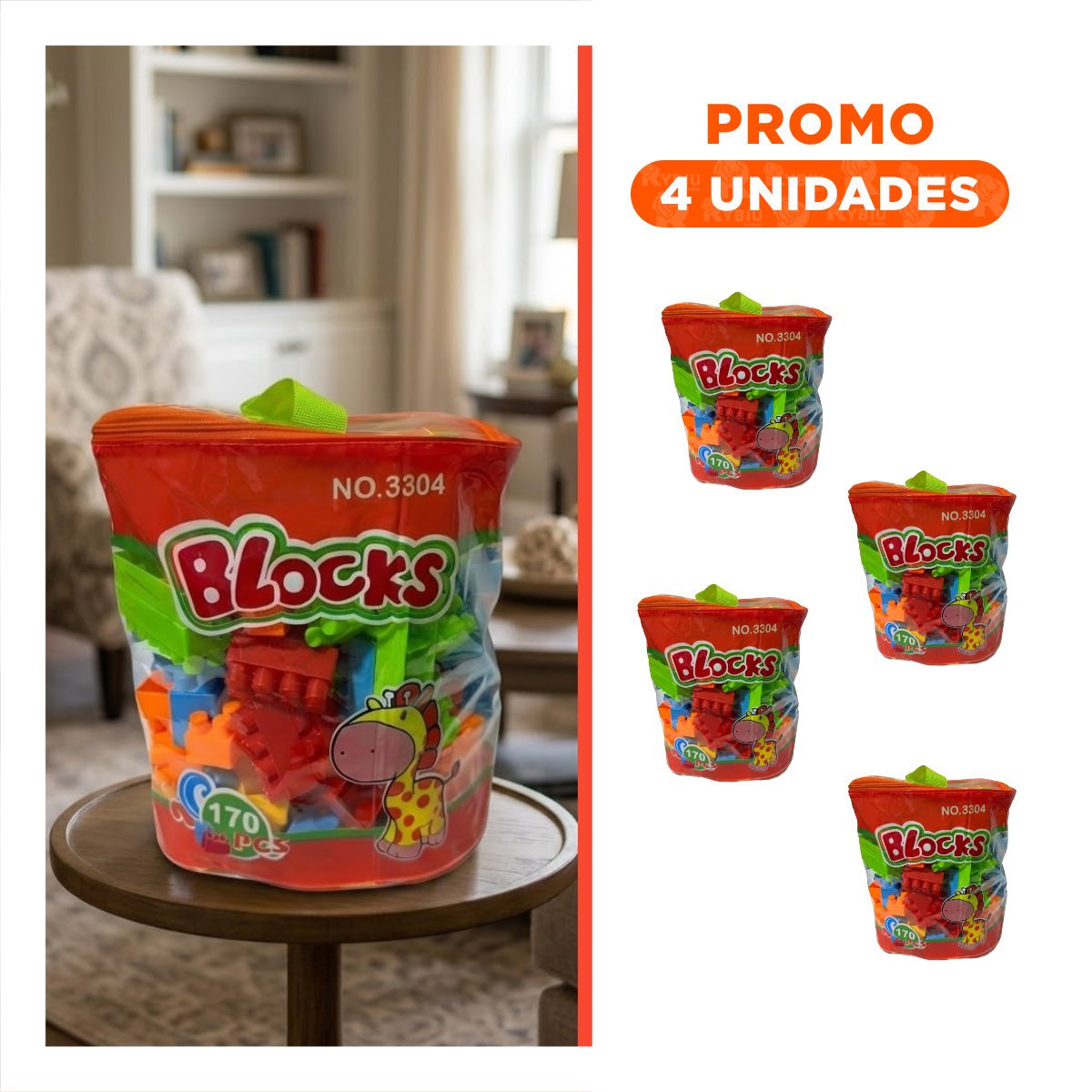 PACK4 BLOQUES CREATIVOS 170 PIEZAS CON BOLSA MULTICOLOR NARANJA PARA DESARROLLAR HABILIDADES - 1