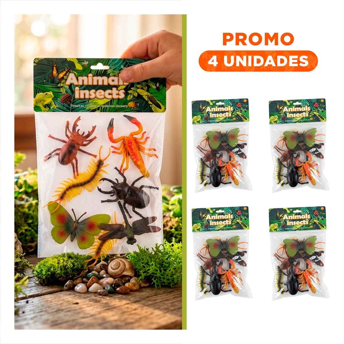 PACK4 ESTUCHE DE ANIMALES INSECTOS 6 PZS PARA JUEGO EDUCATIVO INFANTIL YREGALO STICKER - 1