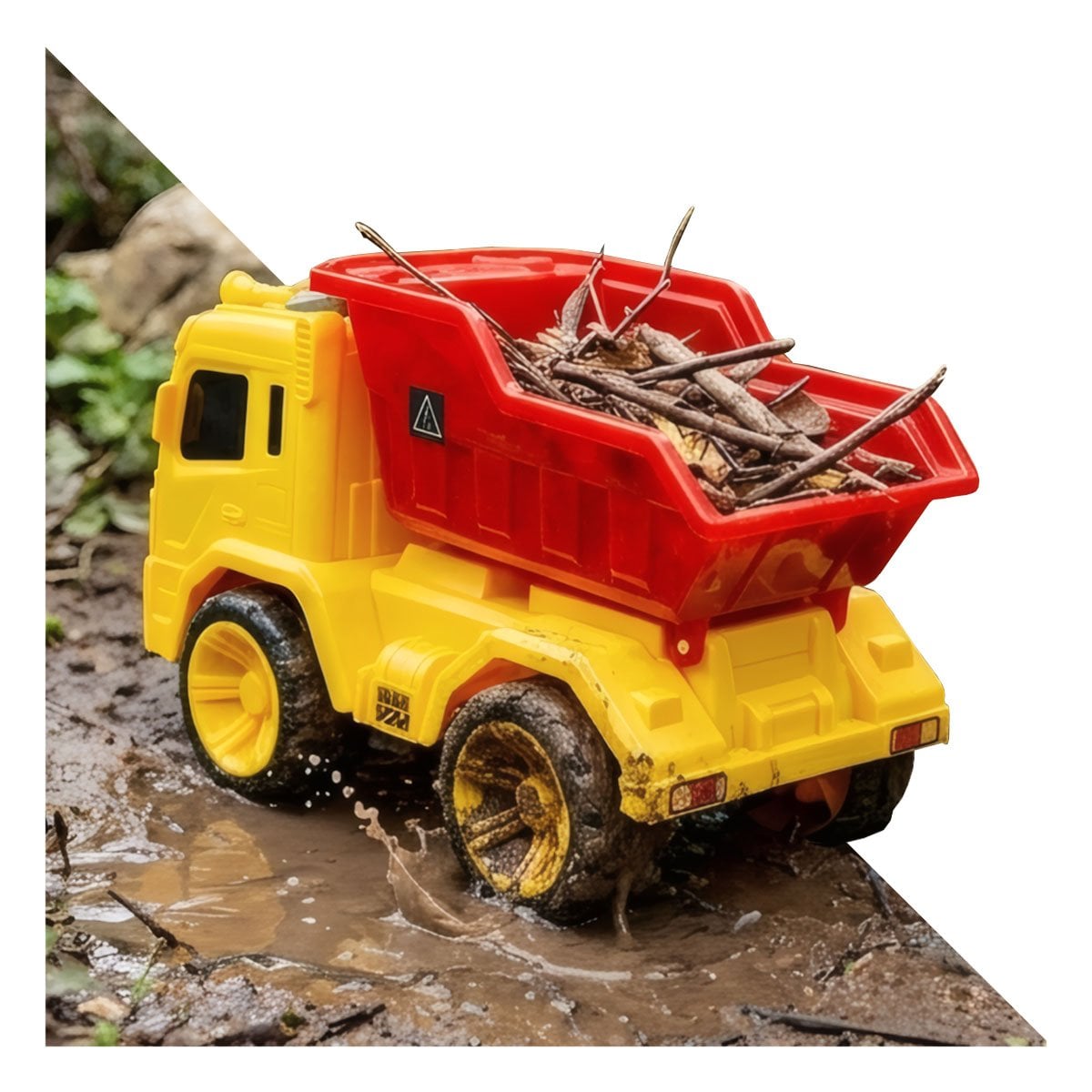 VEHICULO DE CARGA PARA CONSTRUCCION 32X16,5X20 CM ROJO Y AMARILLO PARA NINOS Y PAPEL REGALO - 1