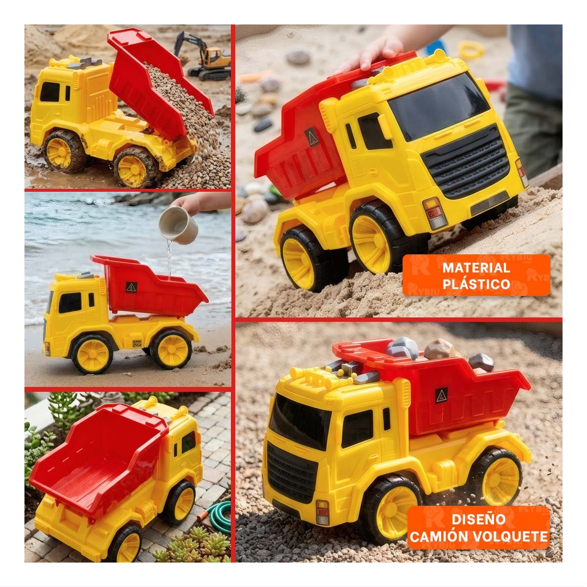 VEHICULO DE CARGA PARA CONSTRUCCION 32X16,5X20 CM ROJO Y AMARILLO PARA NINOS Y PAPEL REGALO - 3