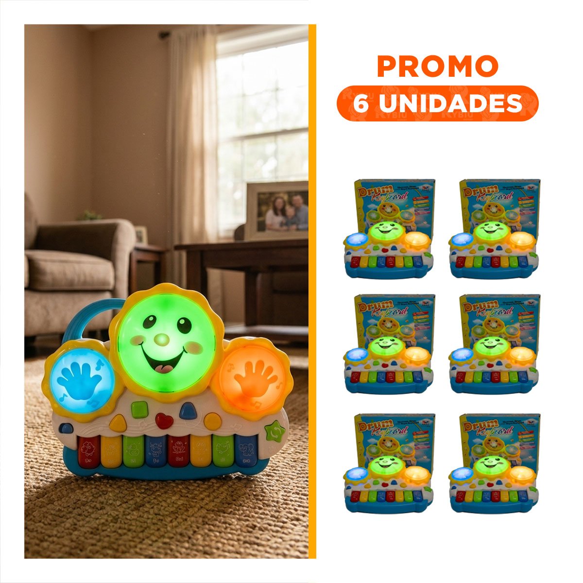 PACK6 INSTRUMENTO INFANTIL PARA JUEGOS MUSICALES SOL DRUM AZUL Y NARANJA YREGALO STICKER - 1