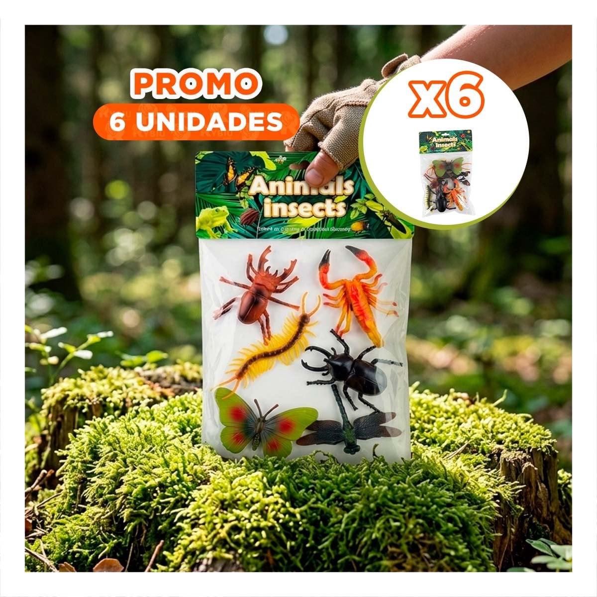 PACK6 BOLSA DE FIGURAS ANIMALES INSECTOS 6 PZS MULTICOLOR PARA NINOS EN CASA YREGALO STICKER - 1