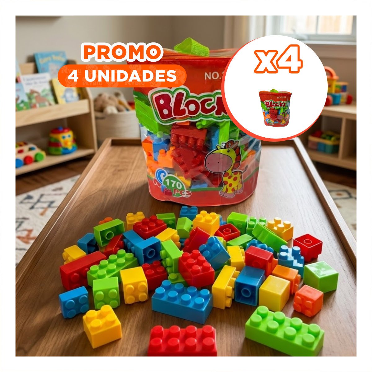 PACK4 KIT DE BLOQUES DE CONSTRUCCION 170 PIEZAS CON BOLSA NARANJA PARA JUGAR YREGALO STICKER - 1