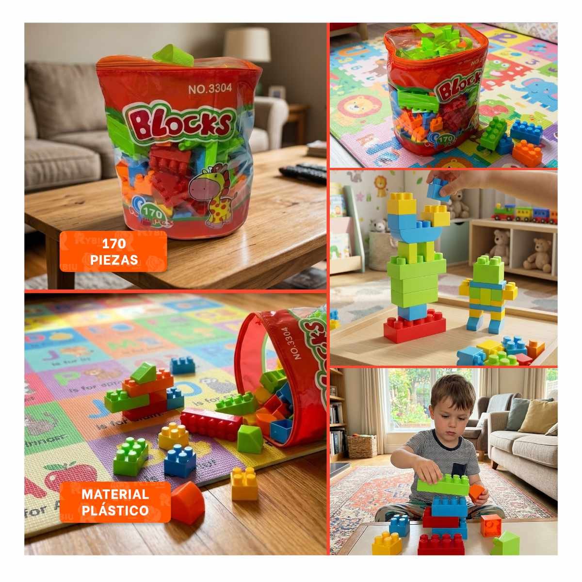 PACK4 KIT DE BLOQUES DE CONSTRUCCION 170 PIEZAS CON BOLSA NARANJA PARA JUGAR YREGALO STICKER - 2