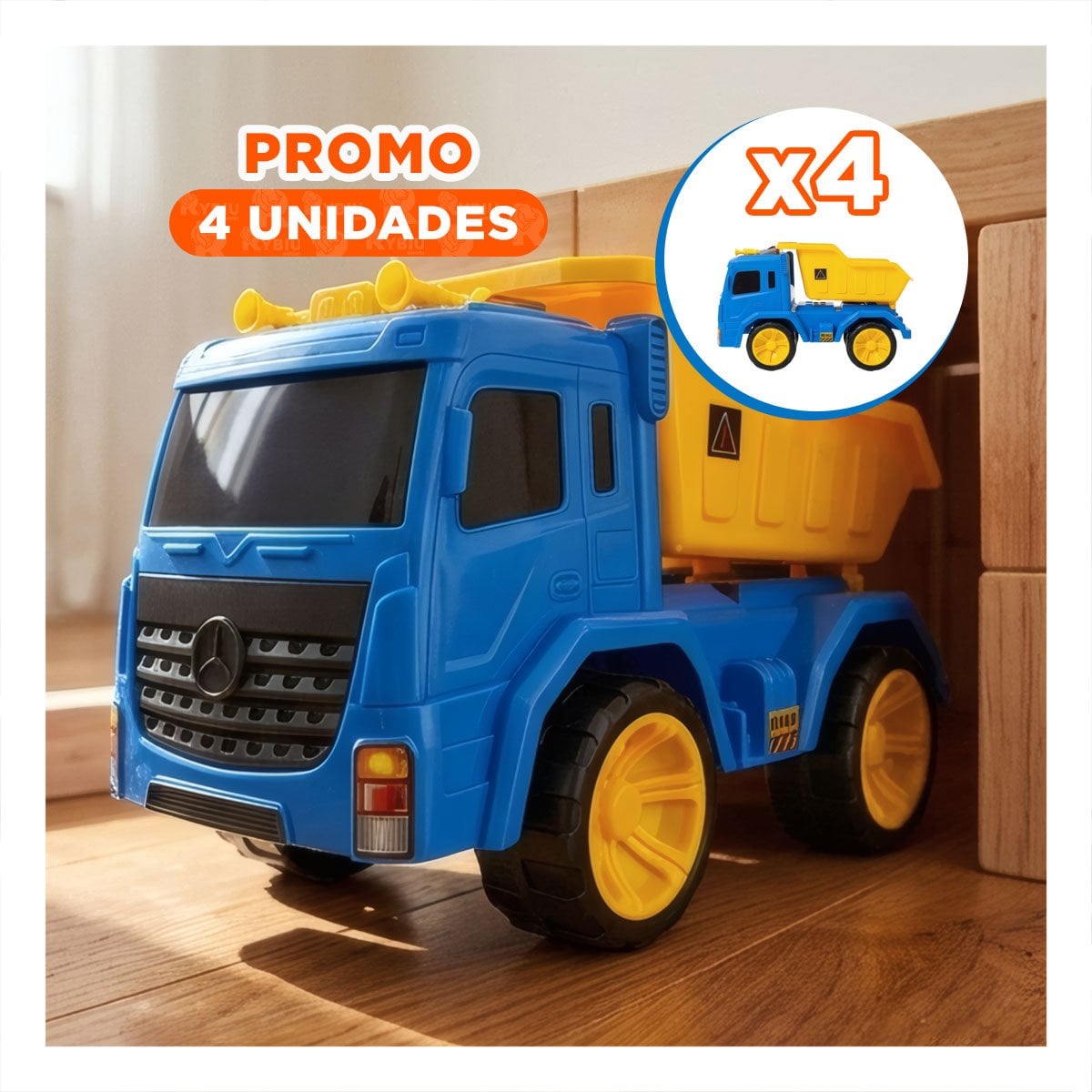 PACK4 VEHICULO PARA ARENA CON VOLQUETE 32X16,5X20 CM AZUL Y AMARILLO RECREATIVO YPAPEL REGALO - 1