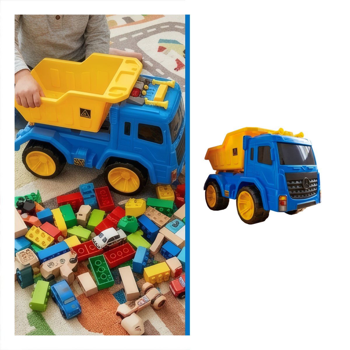 JUGUETE VOLQUETE PARA ARENA 32X16,5X20 CM AZUL Y AMARILLO DE CONSTRUCCION Y REGALO STICKER - 1