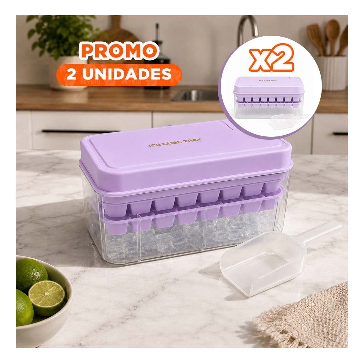 PACK2 MOLDE DE HIELO LILA CON BANDEJAS DOBLES PARA CUBOS YREGALO STICKER - 1