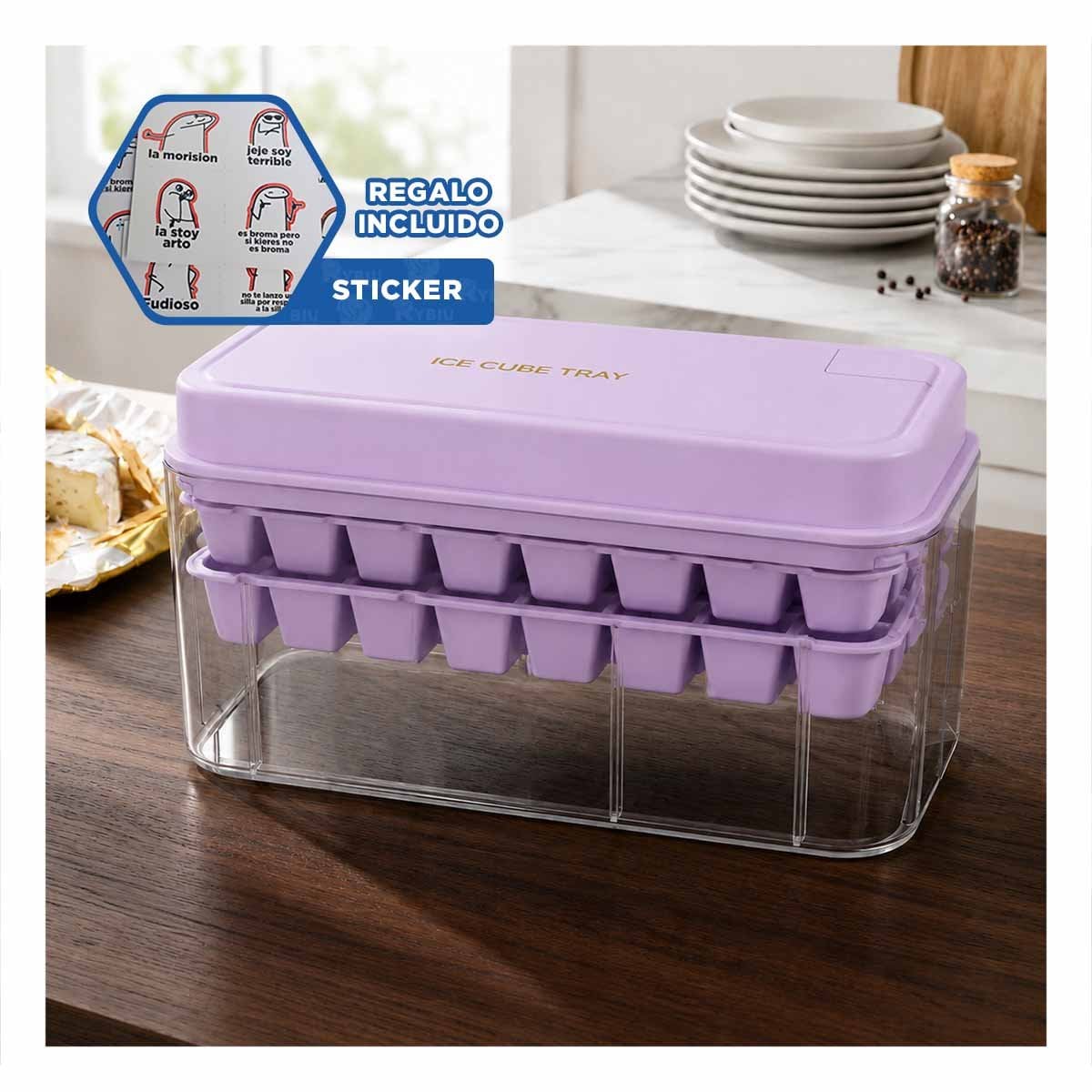 HIELERA DE 2 BANDEJAS PARA PREPARAR CUBOS DE HIELO LILA Y REGALO STICKER - 1