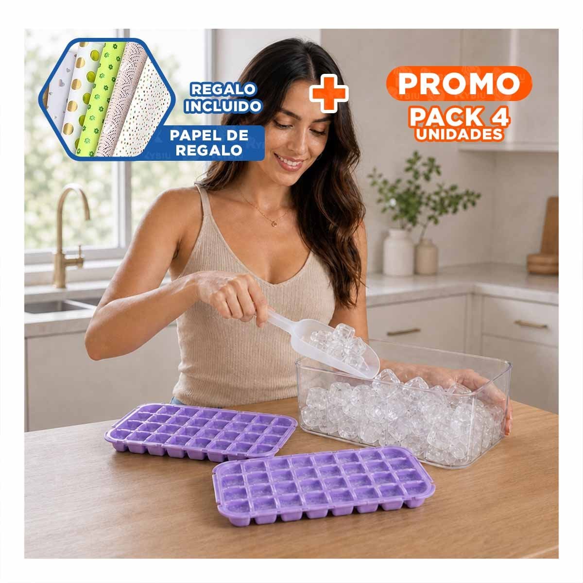 PACK4 CUBETERA DE 2 BANDEJAS LILA PARA CONGELAR CUBOS DE HIELO YPAPEL REGALO - 1