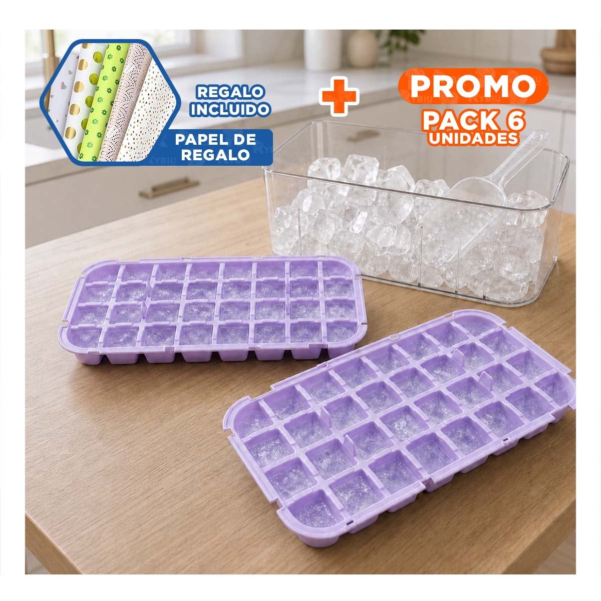 PACK6 CUBETERA PARA CUBOS DE HIELO LILA CON BANDEJAS DOBLES YPAPEL REGALO - 1
