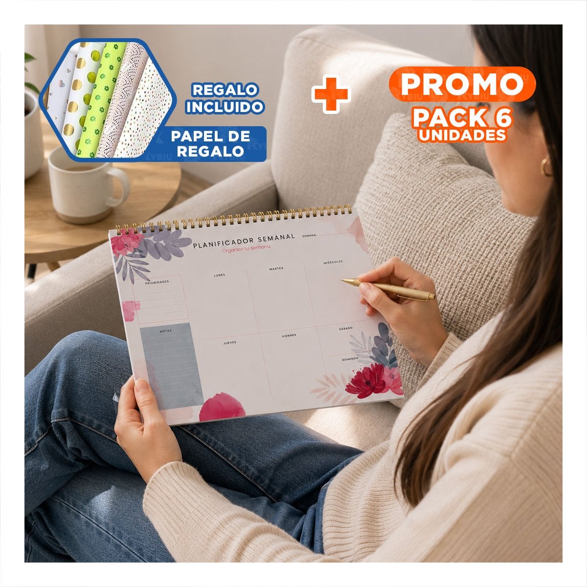 PACK6 LIBRETA SEMANAL BEIGE DE 50 HOJAS PARA CONTROLAR ACTIVIDADES 28X22,5 YPAPEL REGALO - 1