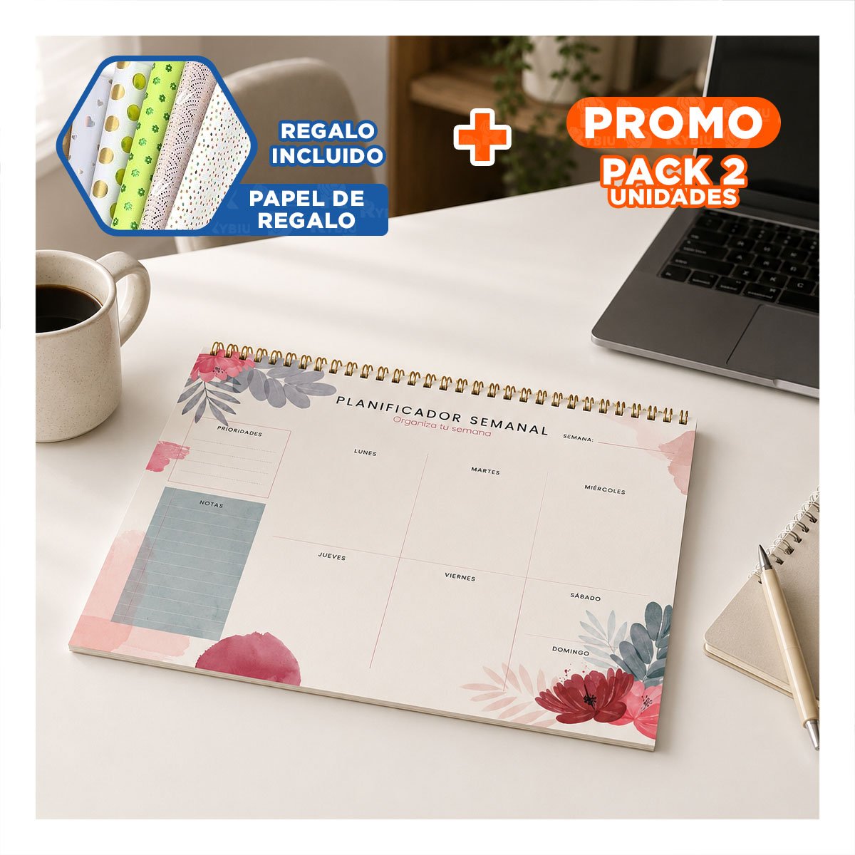 PACK2 DIARIO SEMANAL DE 50 HOJAS BEIGE PARA REGISTRAR METAS E IDEAS 28X22,5 YPAPEL REGALO - 1