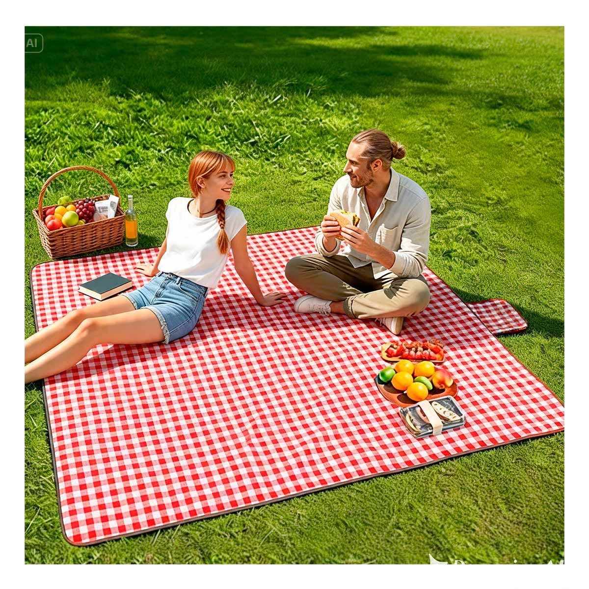 MANTA TIPO CARTERA 160X200CM DOBLE TELA PARA PICNIC COLOR ROJO CUADRITOS - 1