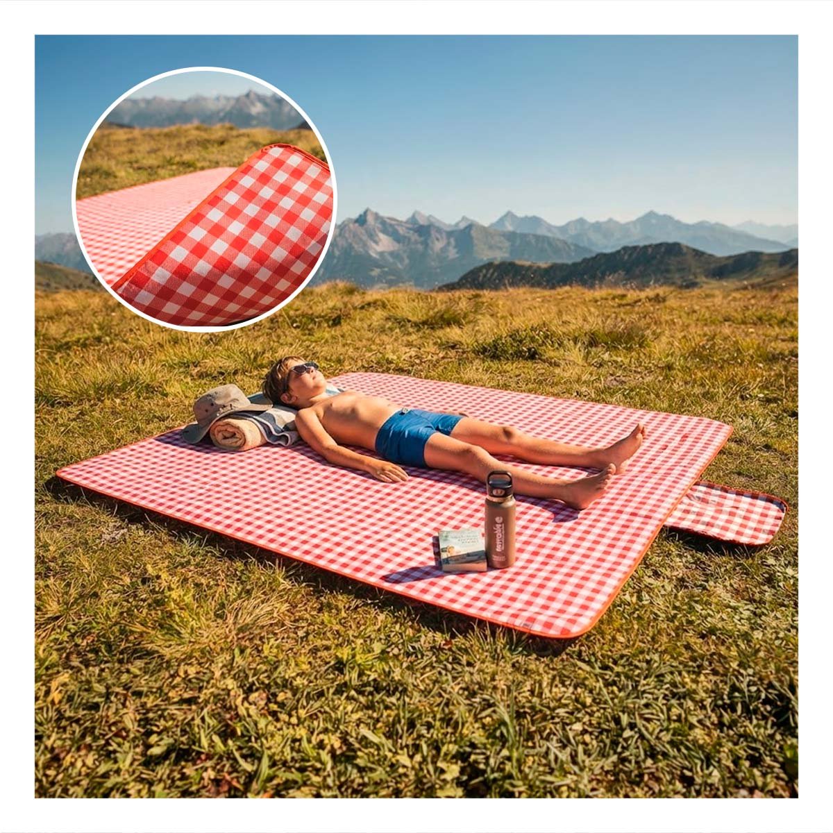 COBERTOR PORTATIL PARA CAMPING TIPO CARTERA DOBLE TELA COLOR ROJO CUADRITOS YREGALO STICKER - 5