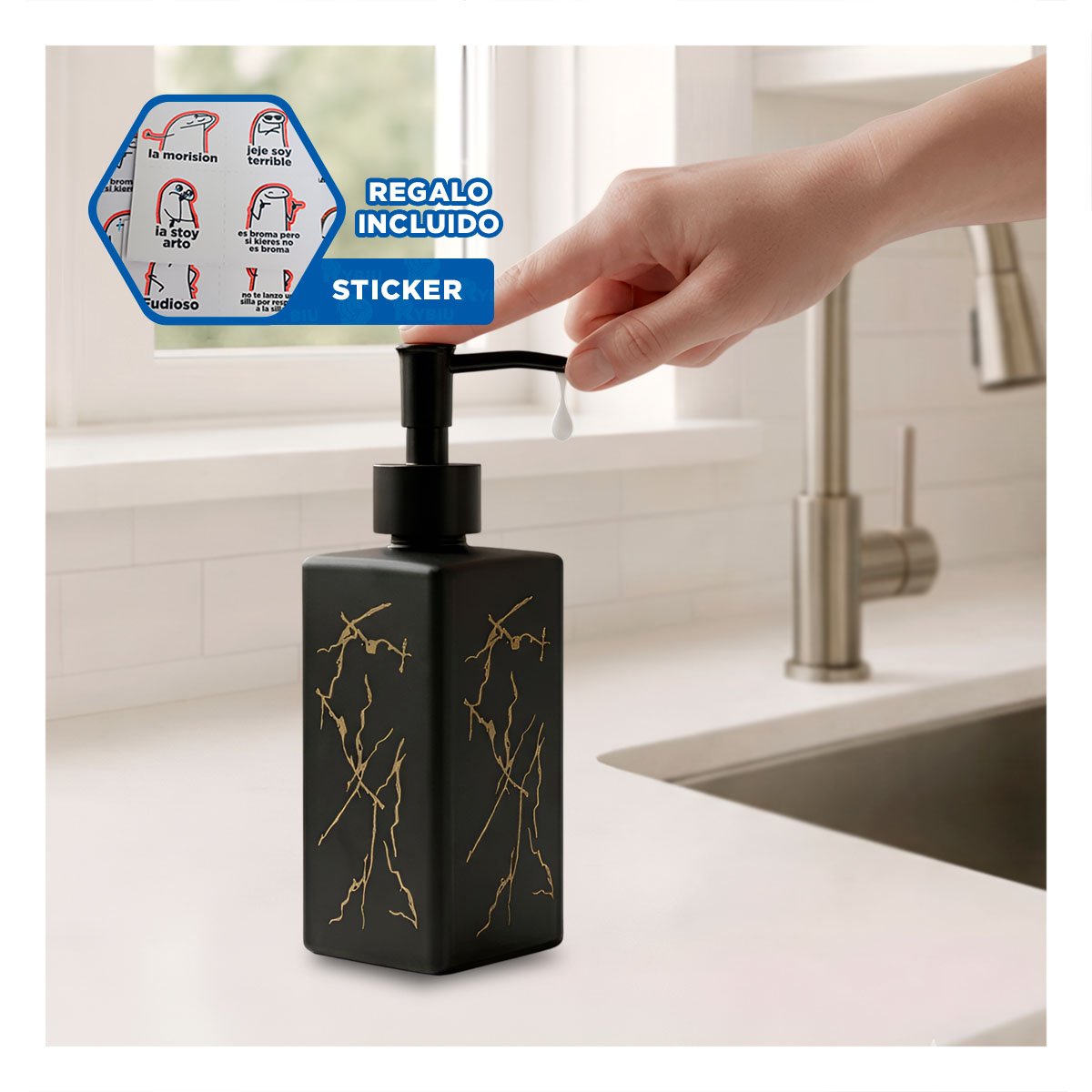 DOSIFICADOR DE GEL LIQUIDO CON ACABADO DORADO COLOR NEGRO 20,5X5,8 CM Y REGALO STICKER - 1