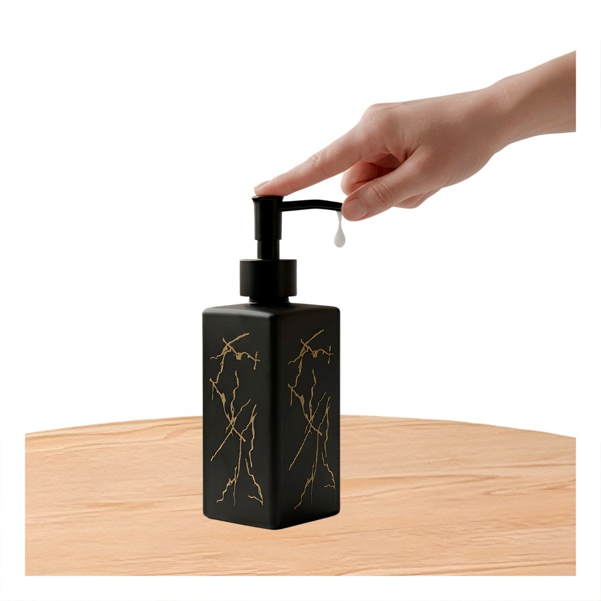 DOSIFICADOR DE GEL LIQUIDO CON ACABADO DORADO COLOR NEGRO 20,5X5,8 CM Y REGALO STICKER - 3