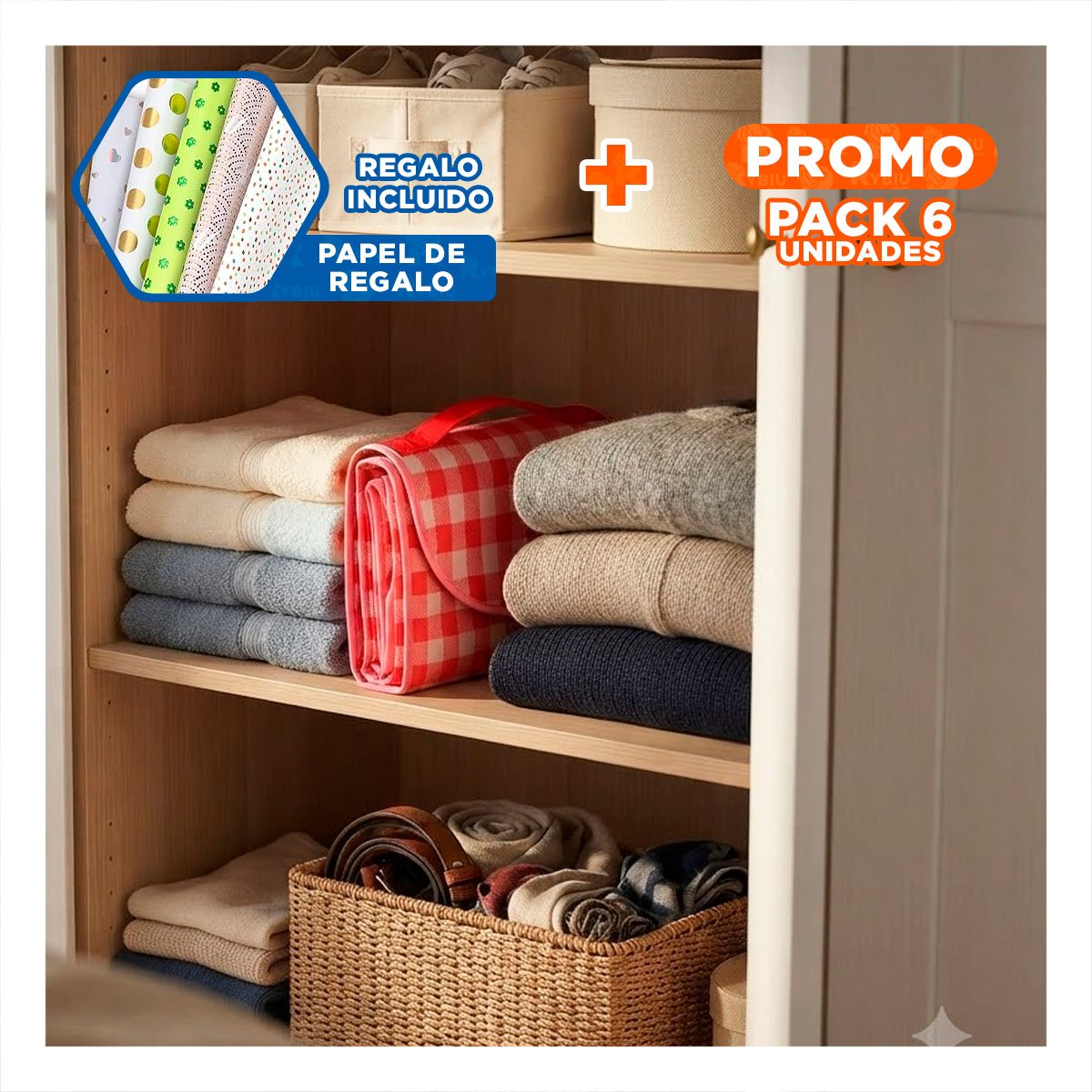 PACK6 MANTA DE CAMPING 160X160CM DOBLE TELA TIPO CARTERA VERSATIL ROJO CUADRITOS YPAPEL REGALO - 1
