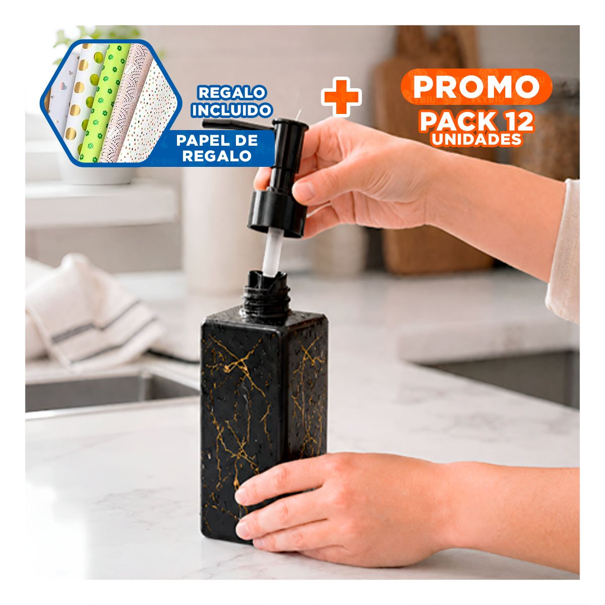 PACK12 ENVASE PARA GEL DE MANOS COLOR NEGRO CON DIS MARMOL 20,5X5,8 CM YPAPEL REGALO - 1